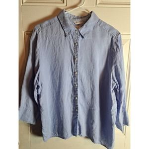 VTG Talbots Irish Linen 3/4 Sleeve Button Up Womens SZ 18 Blue Casual Minimilist